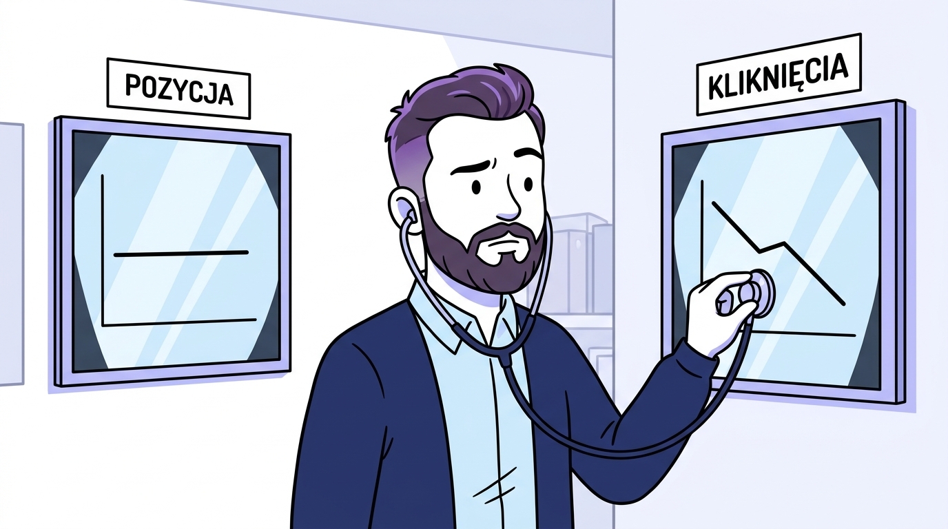 Diagnoza spadku ruchu w Search Console — stabilna linia pozycji obok spadającej linii kliknięć badana stetoskopem