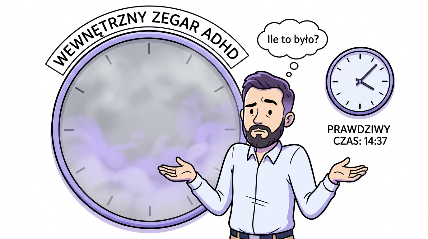Komiks: Szymon stoi przed wielkim zegarem bez wskazówek z fioletową mgłą — wewnętrzny zegar ADHD