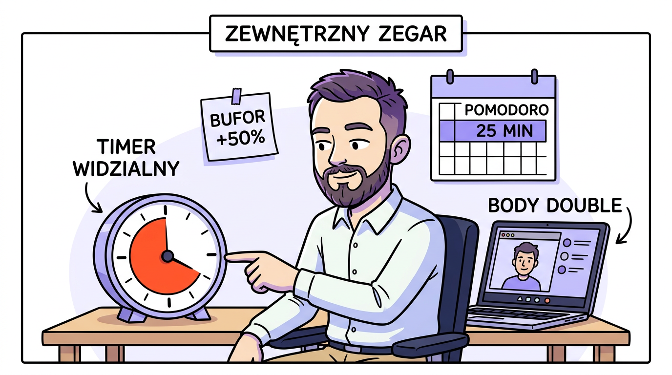 Komiks: Szymon przy biurku z Time Timerem, body double na laptopie, sticky note bufor +50% i kalendarzem Pomodoro 25 min — system zewnętrznego zegara