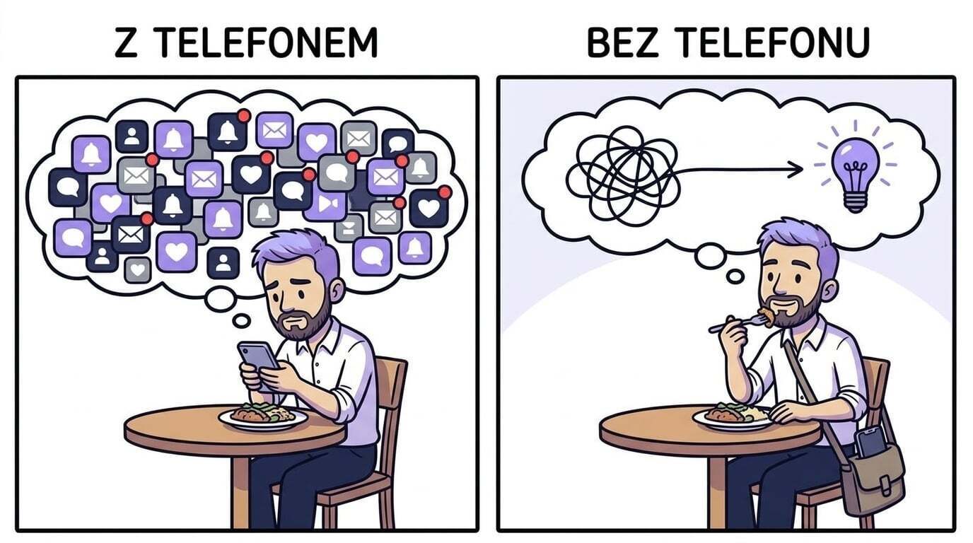 Posiłek z telefonem i bez telefonu — po lewej głowa zapchana powiadomieniami, po prawej jedna domknięta myśl
