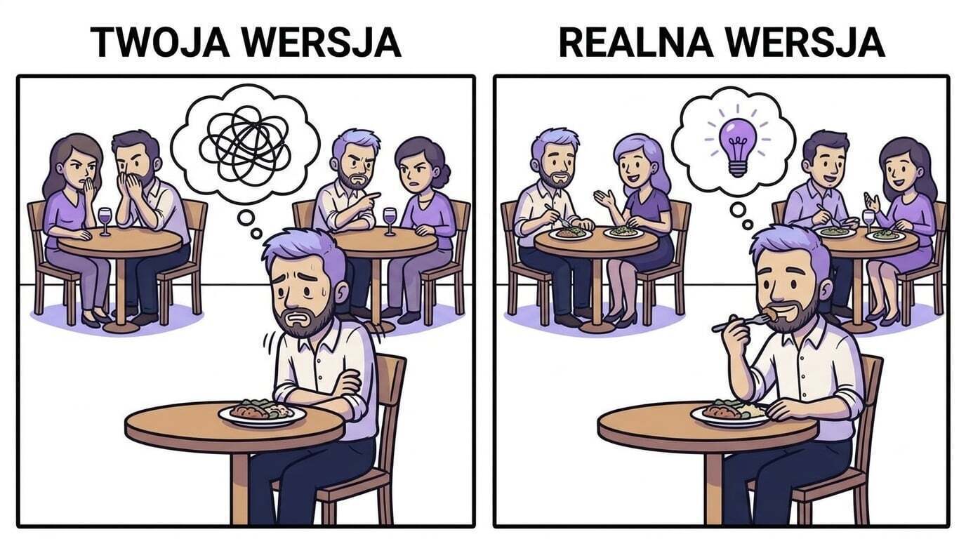 Efekt reflektora przy stoliku — po lewej wszyscy goście się gapią, po prawej nikt nie podnosi wzroku