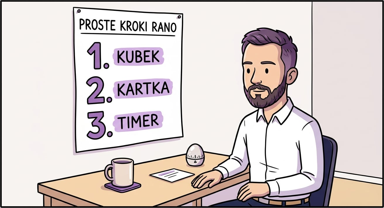 Trzy ponumerowane kroki startowe zapisane na kartce przypiętej nad biurkiem