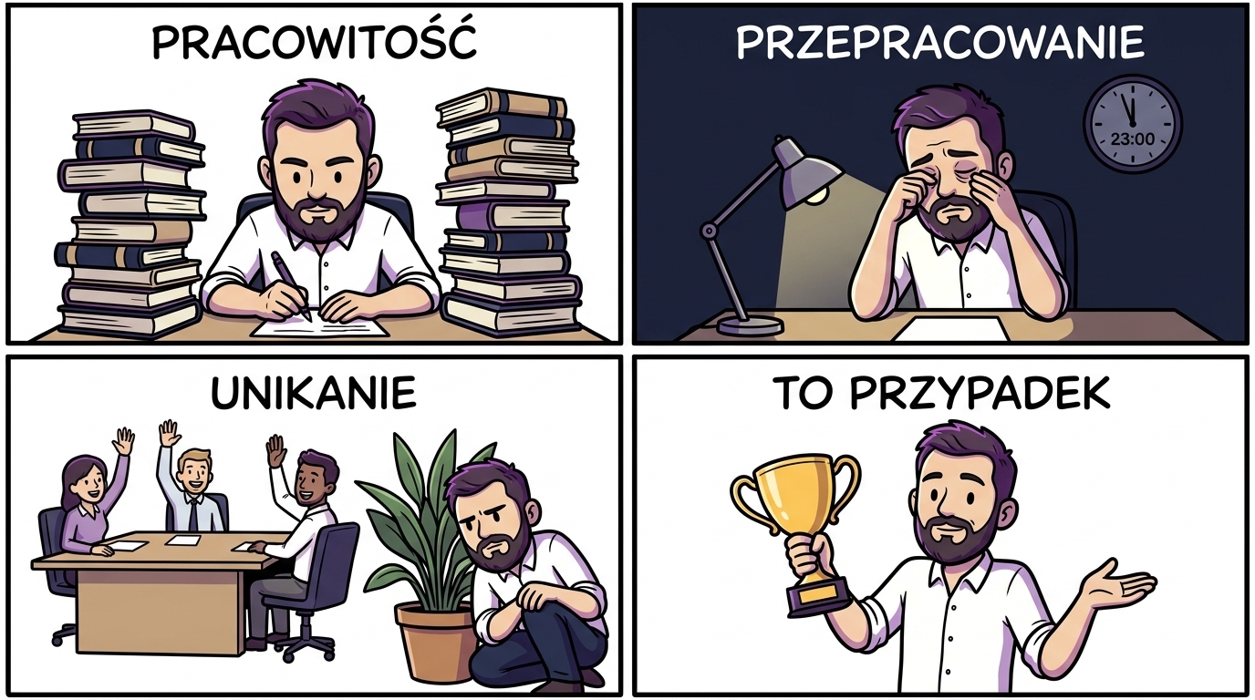 Cztery przebrania syndromu oszusta — pracowitość, przepracowanie, unikanie widoczności, dyskontowanie sukcesu