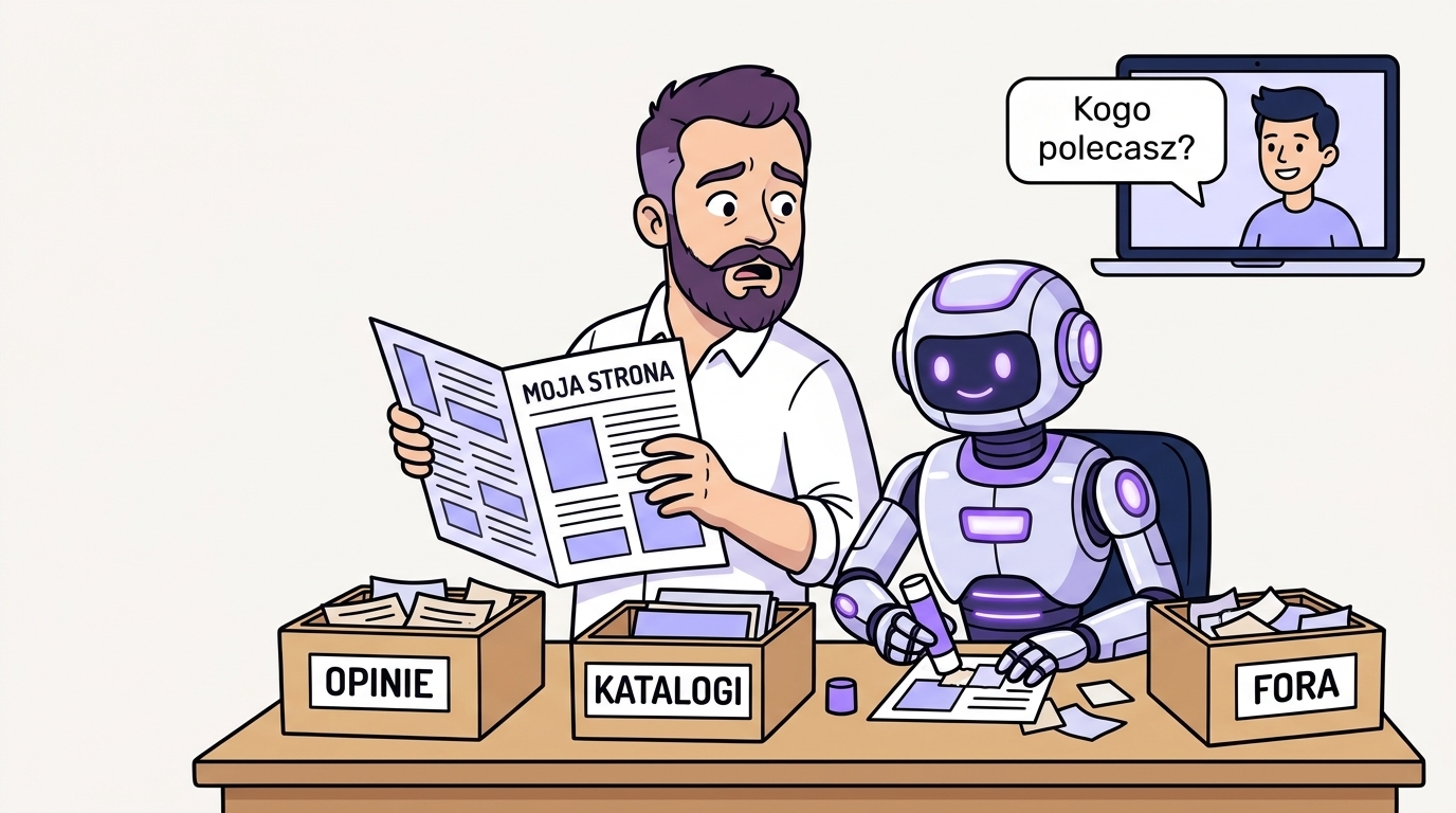 Widoczność firmy w odpowiedziach AI — model składa polecenie z opinii, katalogów i forów, pomijając stronę firmy