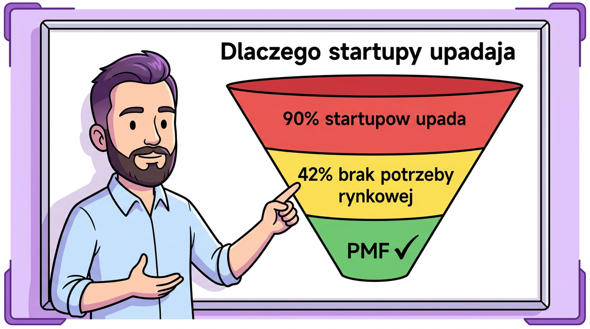 Dlaczego startupy upadają — lejek: 90% upada, 42% brak potrzeby, PMF