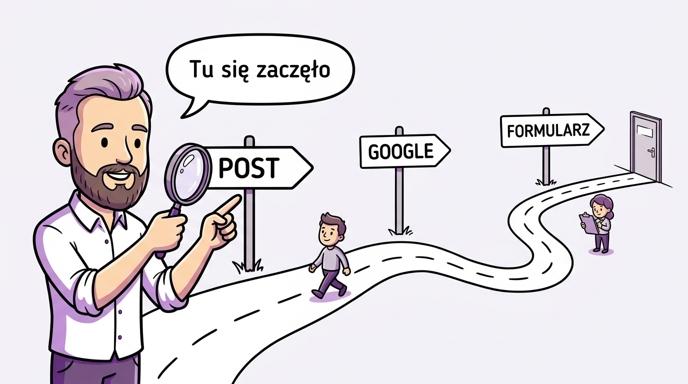 Źródło pozyskania klienta — droga od posta przez wyszukiwarkę Google do formularza, a liczy się pierwsze wejście