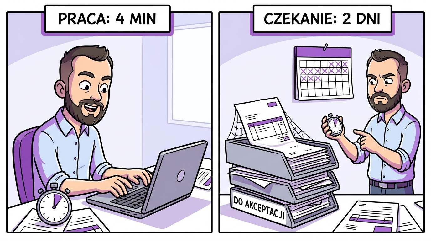 Czas pracy a czas przejścia procesu — cztery minuty wprowadzania faktury i dwa dni czekania w kolejce do akceptacji