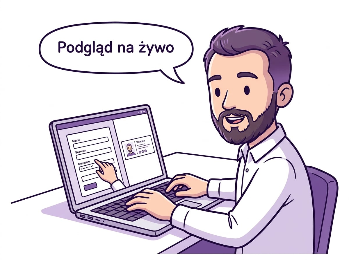 Szymon wypełnia dane, obok zmienia się podgląd stopki