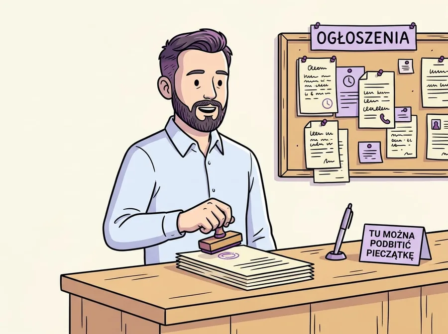 Szymon przy okienku urzędu z dokumentami i pieczątką