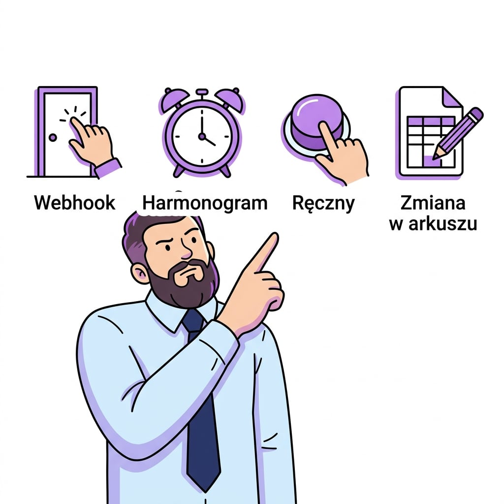 Rodzaje zdarzeń uruchamiających pomiar: formularz, harmonogram, ręczne, zmiana w arkuszu