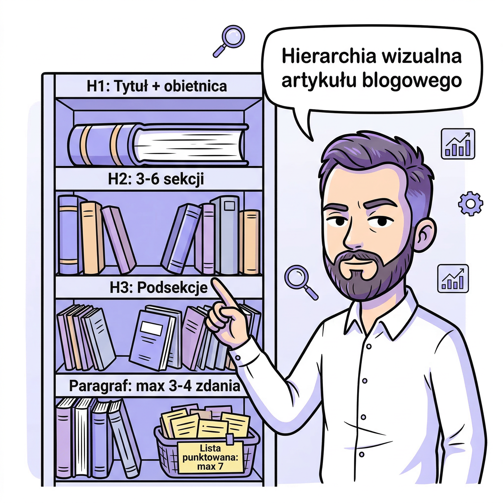 Hierarchia nagłówków artykułu: tytuł, sekcje, podsekcje